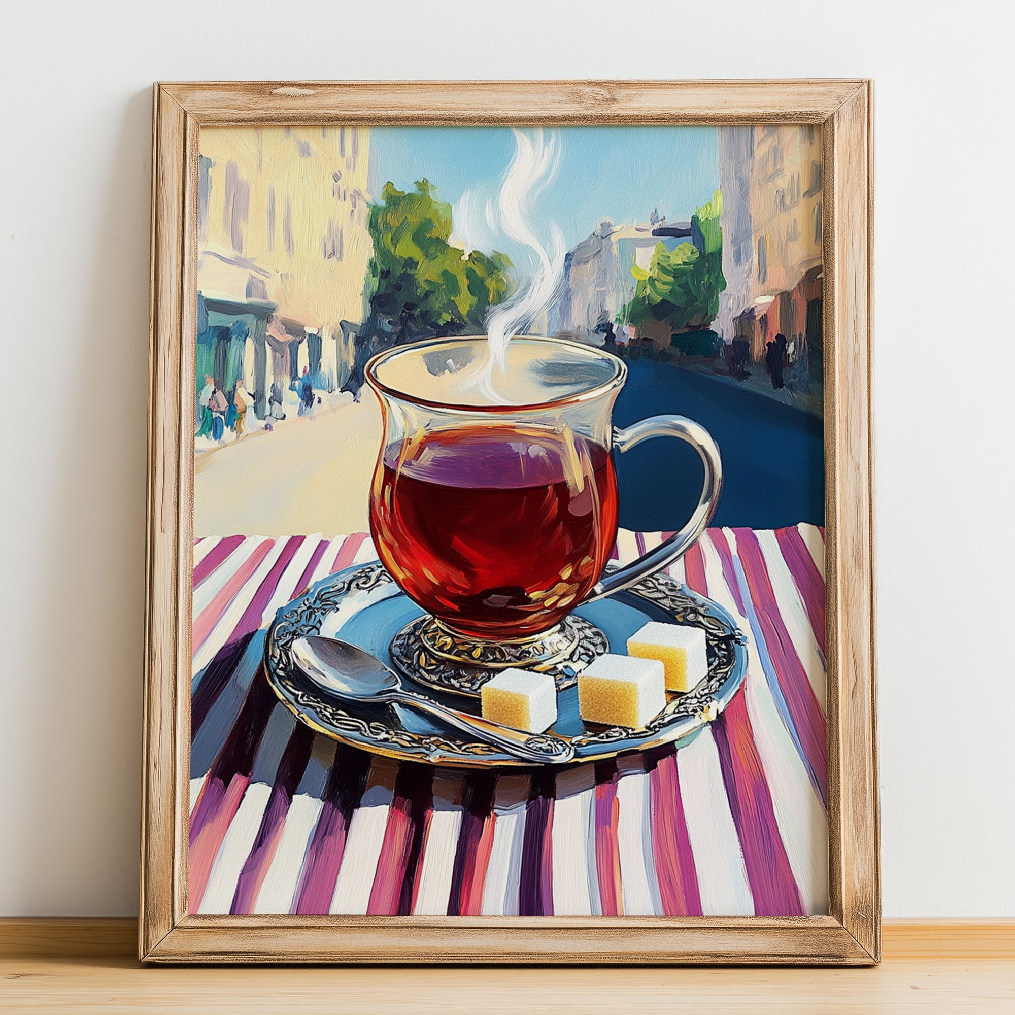 Türk Çayı – Turkish Outdoor Café Scene, Turkish Tea Poster, no-text version framed in wood