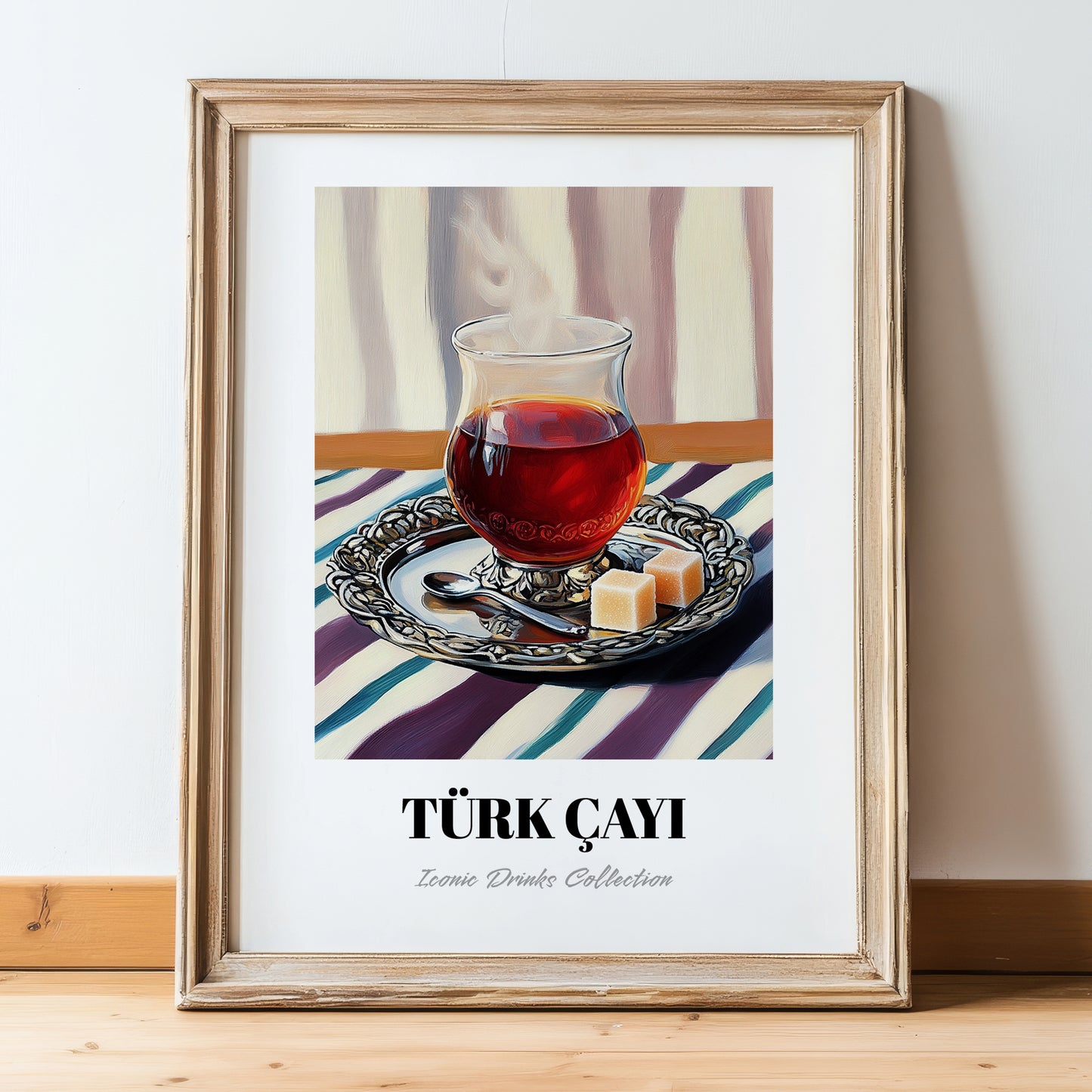 Türk Çayı – on Striped Tablecloth, Turkish Tea Wall Decor, in wooden frame leaning on the floor