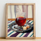 Türk Çayı – on Striped Tablecloth, Turkish Tea Wall Decor, no-text version framed in wood