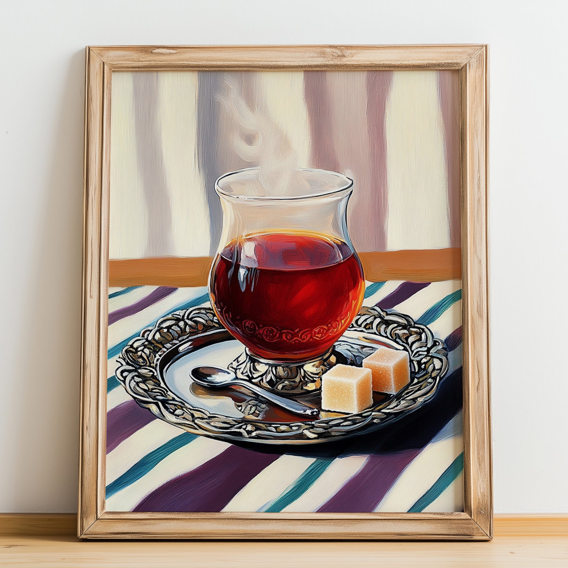 Türk Çayı – on Striped Tablecloth, Turkish Tea Wall Decor, no-text version framed in wood