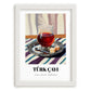 Türk Çayı – on Striped Tablecloth, Turkish Tea Wall Decor, placed in minimal white frame