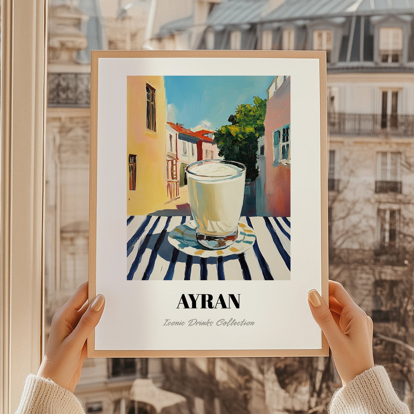 Ayran – Turkish Street Café Scene, Turkish Beverage Poster, styled in a charming Paris street view