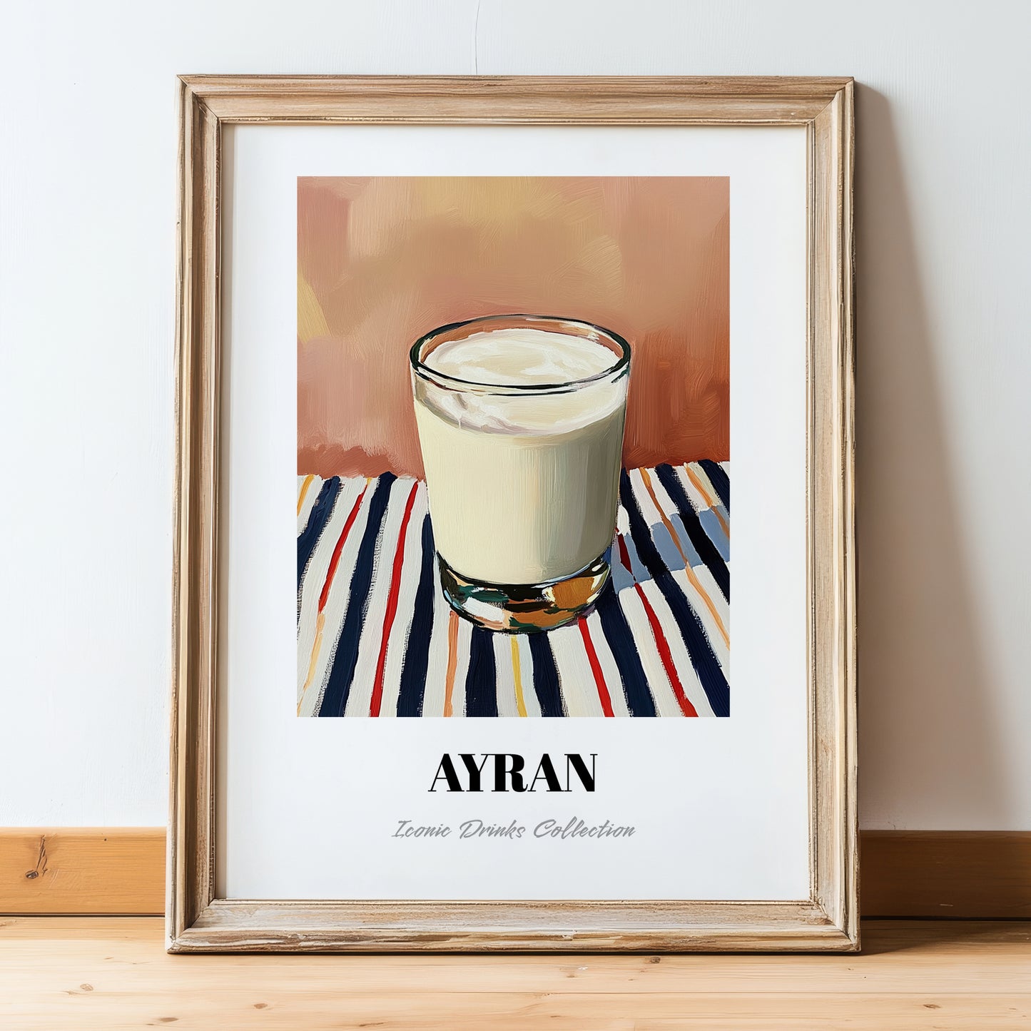 Ayran – on Striped Tablecloth, Turkish Beverage Wall Decor, in wooden frame leaning on the floor