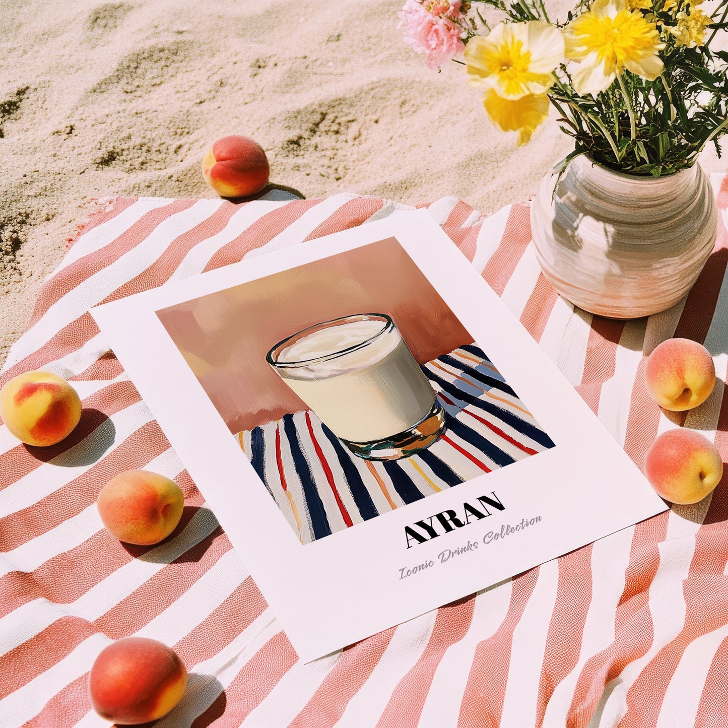 Ayran – on Striped Tablecloth, Turkish Beverage Wall Decor, unframed on coastal sand