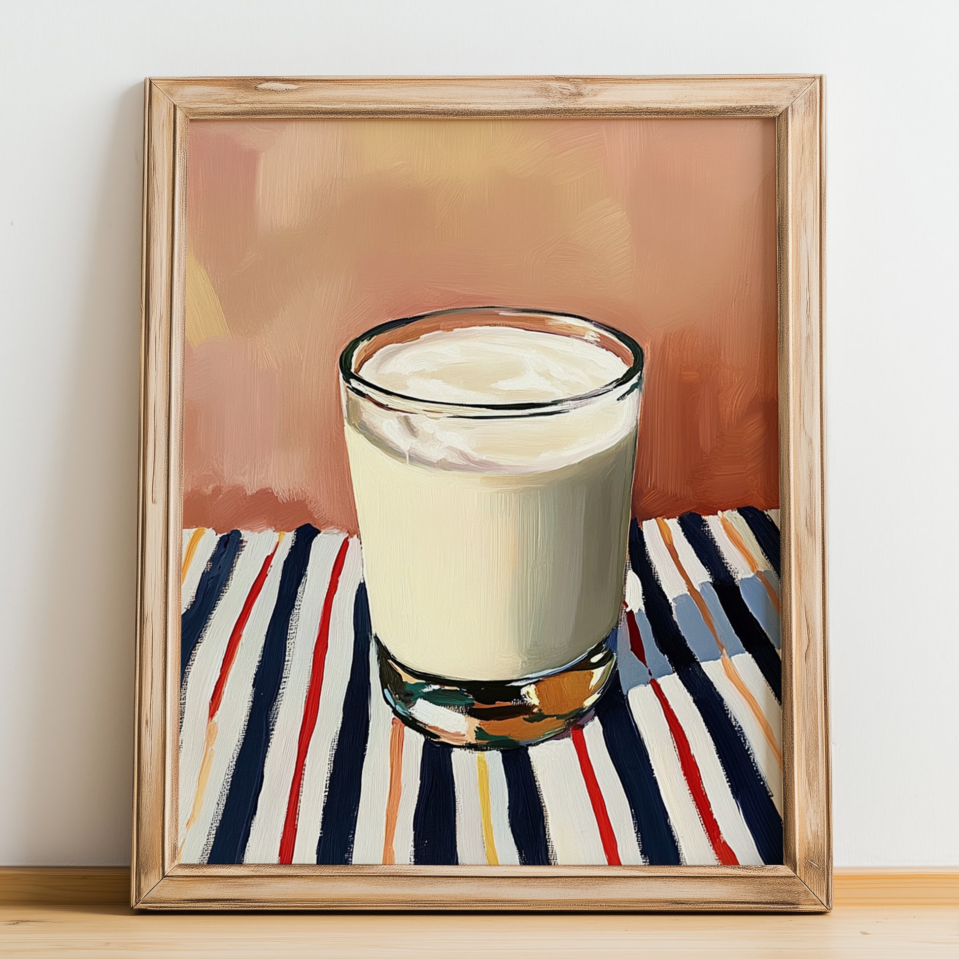 Ayran – on Striped Tablecloth, Turkish Beverage Wall Decor, no-text version framed in wood