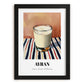 Ayran – on Striped Tablecloth, Turkish Beverage Wall Decor, in sleek black frame