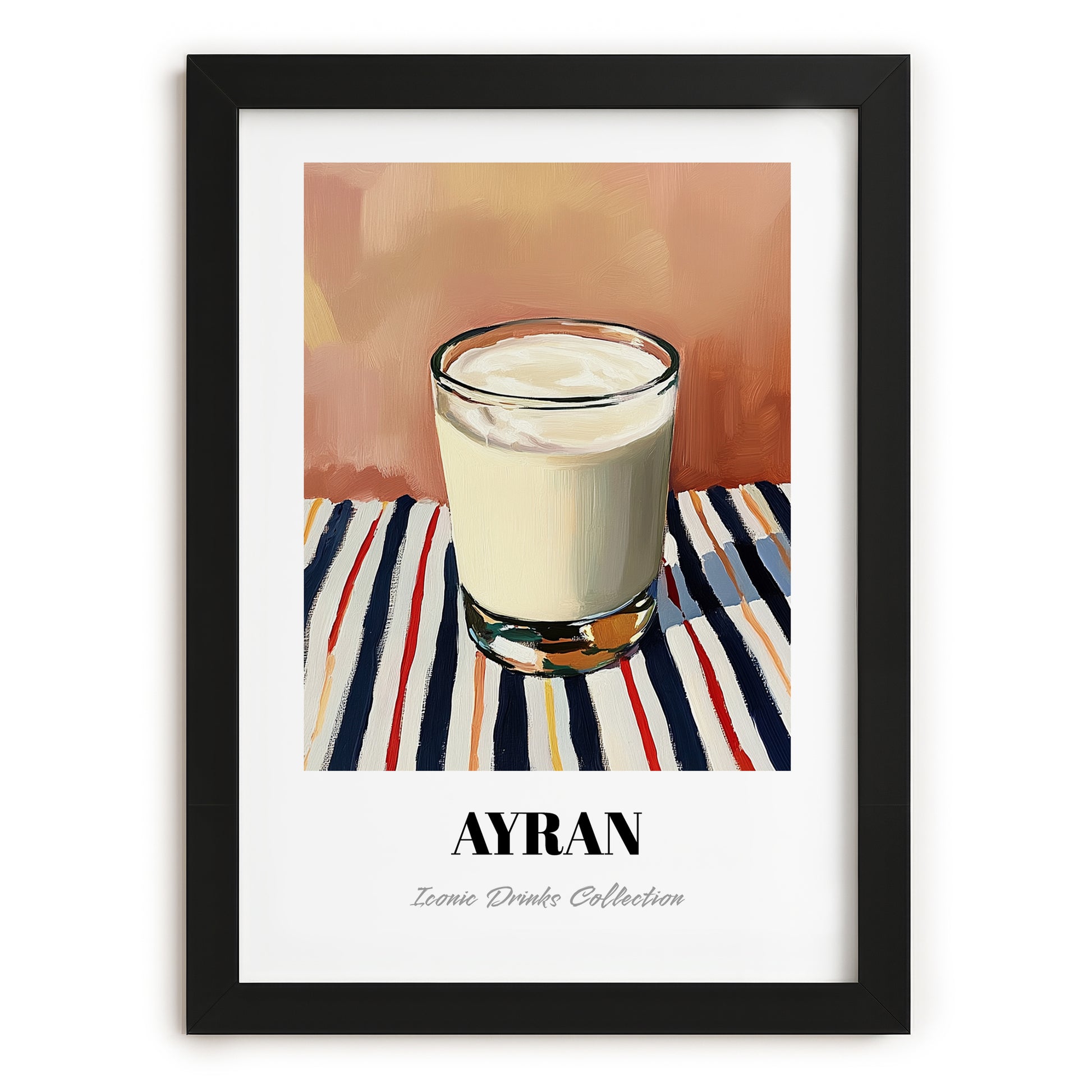 Ayran – on Striped Tablecloth, Turkish Beverage Wall Decor, in sleek black frame
