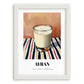 Ayran – on Striped Tablecloth, Turkish Beverage Wall Decor, placed in minimal white frame