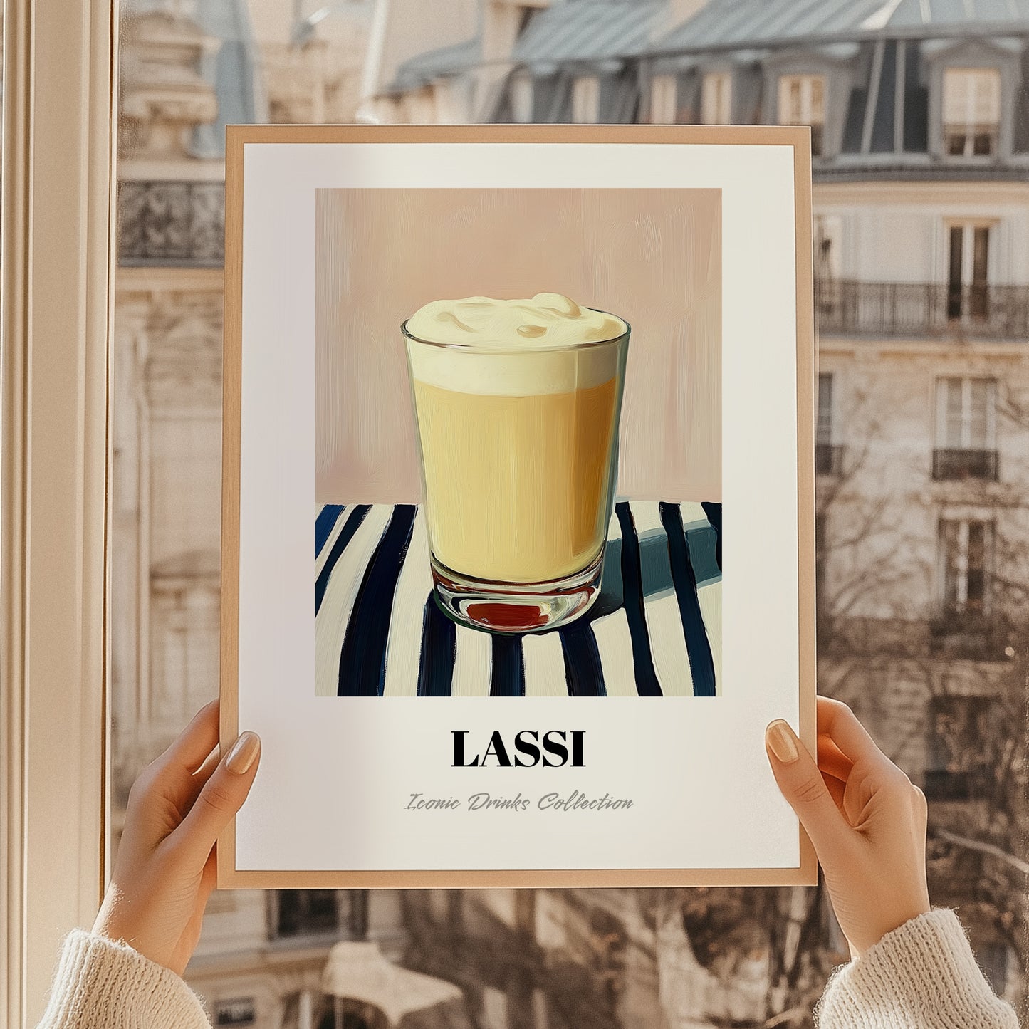 Lassi – on Striped Tablecloth, Pakistani Beverage Painting, styled in a charming Paris street view