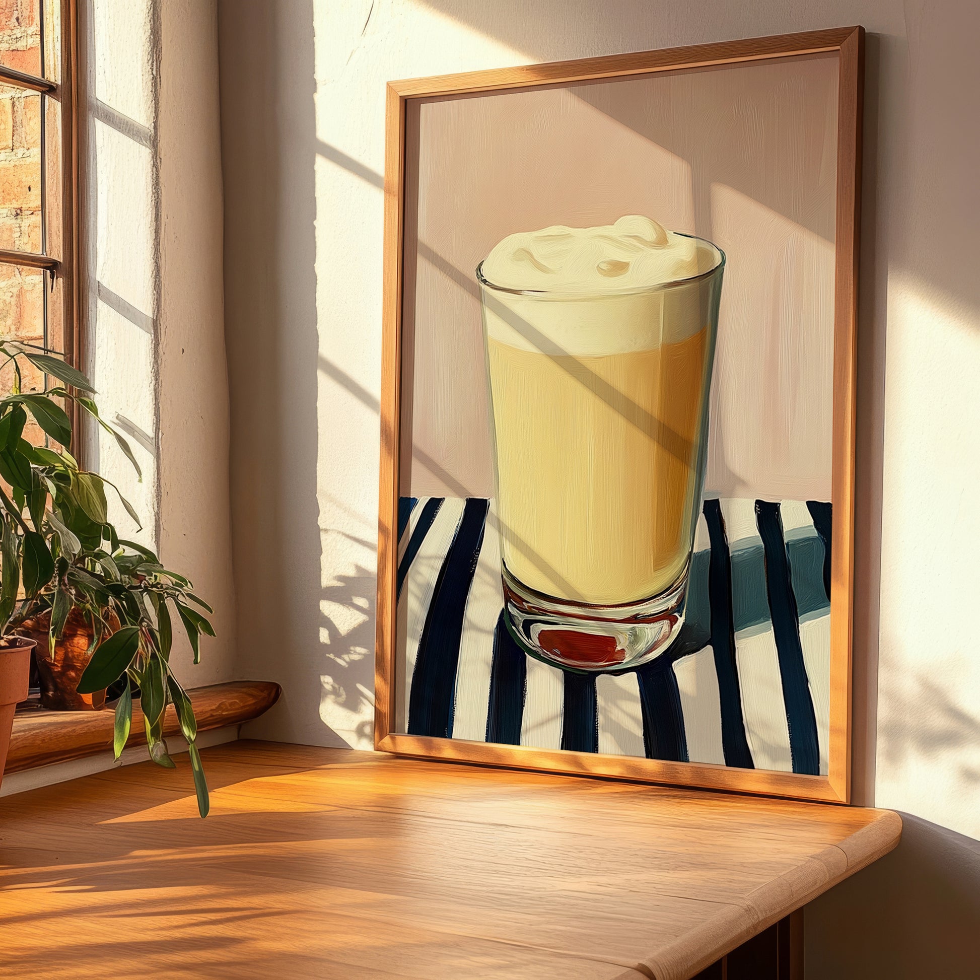 Lassi – on Striped Tablecloth, Pakistani Beverage Painting, clean layout with no caption