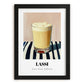 Lassi – on Striped Tablecloth, Pakistani Beverage Painting, in sleek black frame