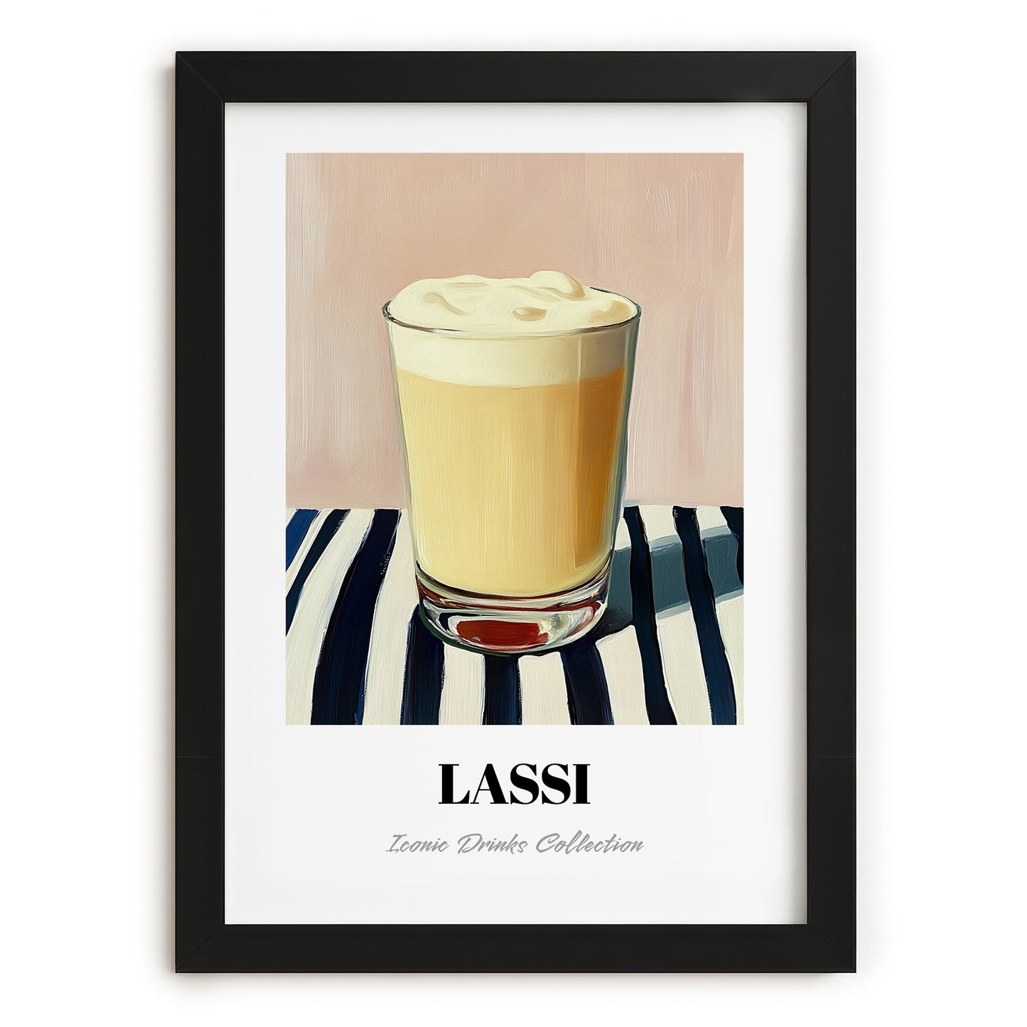 Lassi – on Striped Tablecloth, Pakistani Beverage Painting, in sleek black frame