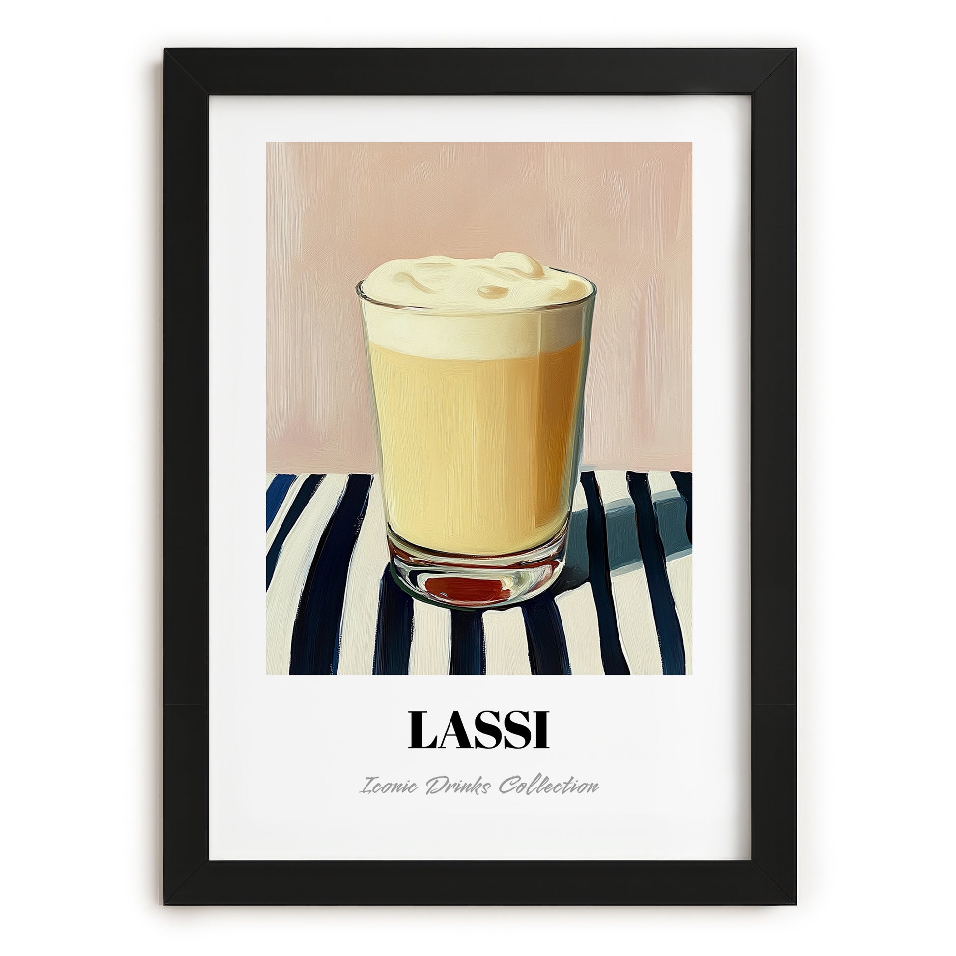 Lassi – on Striped Tablecloth, Pakistani Beverage Painting, in sleek black frame