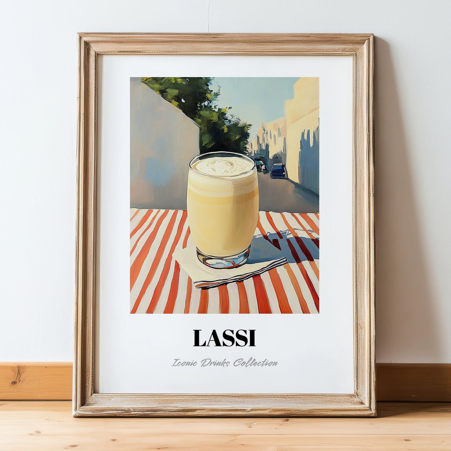 Lassi – Pakistani Street Café Scene, Pakistani Tea Illustration, in wooden frame leaning on the floor