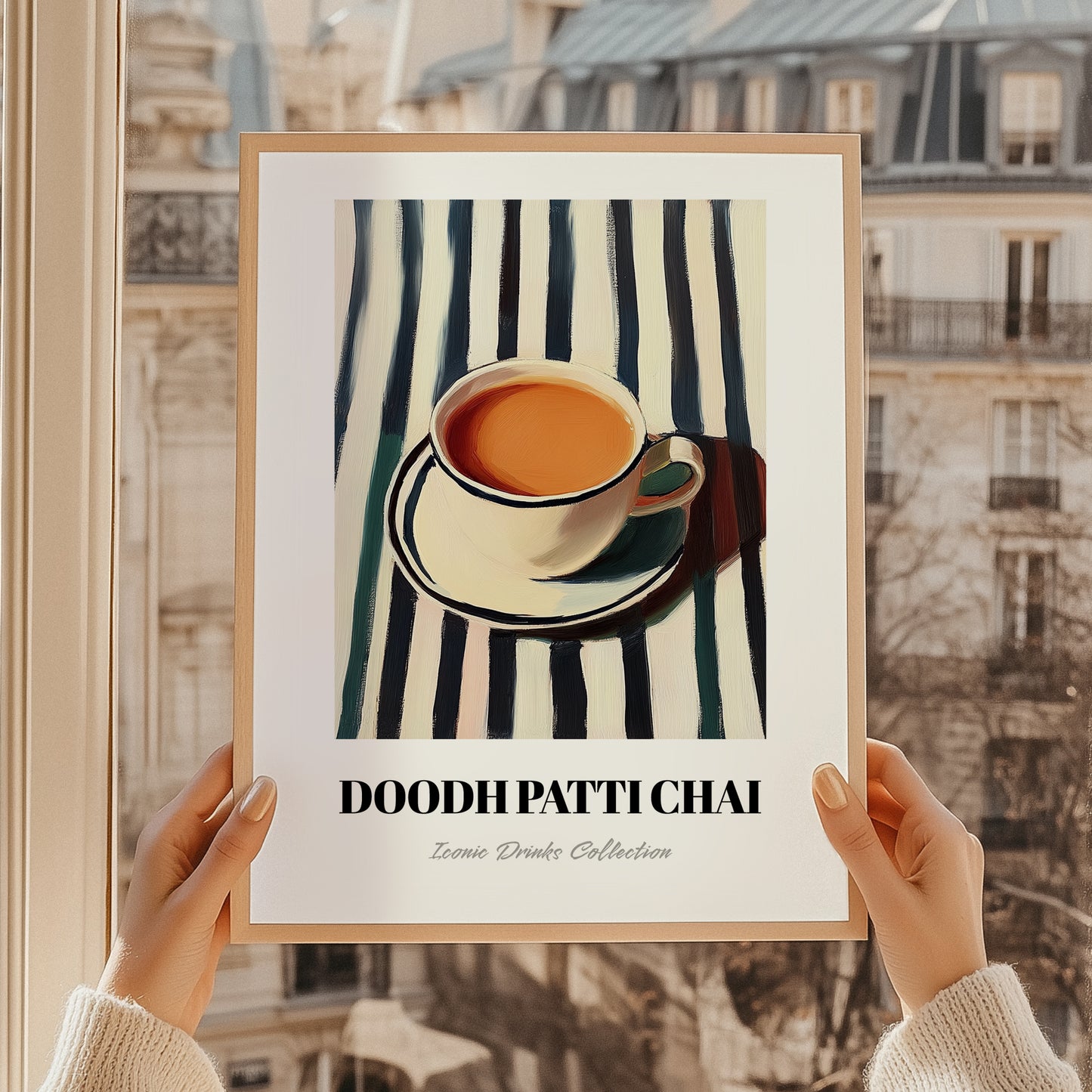 Doodh Patti Chai – on Striped Tablecloth, Pakistani Tea Painting, styled in a charming Paris street view