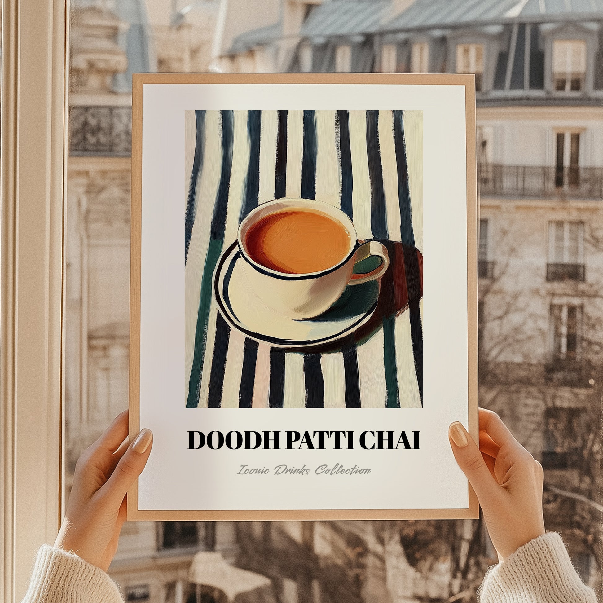Doodh Patti Chai – on Striped Tablecloth, Pakistani Tea Painting, styled in a charming Paris street view