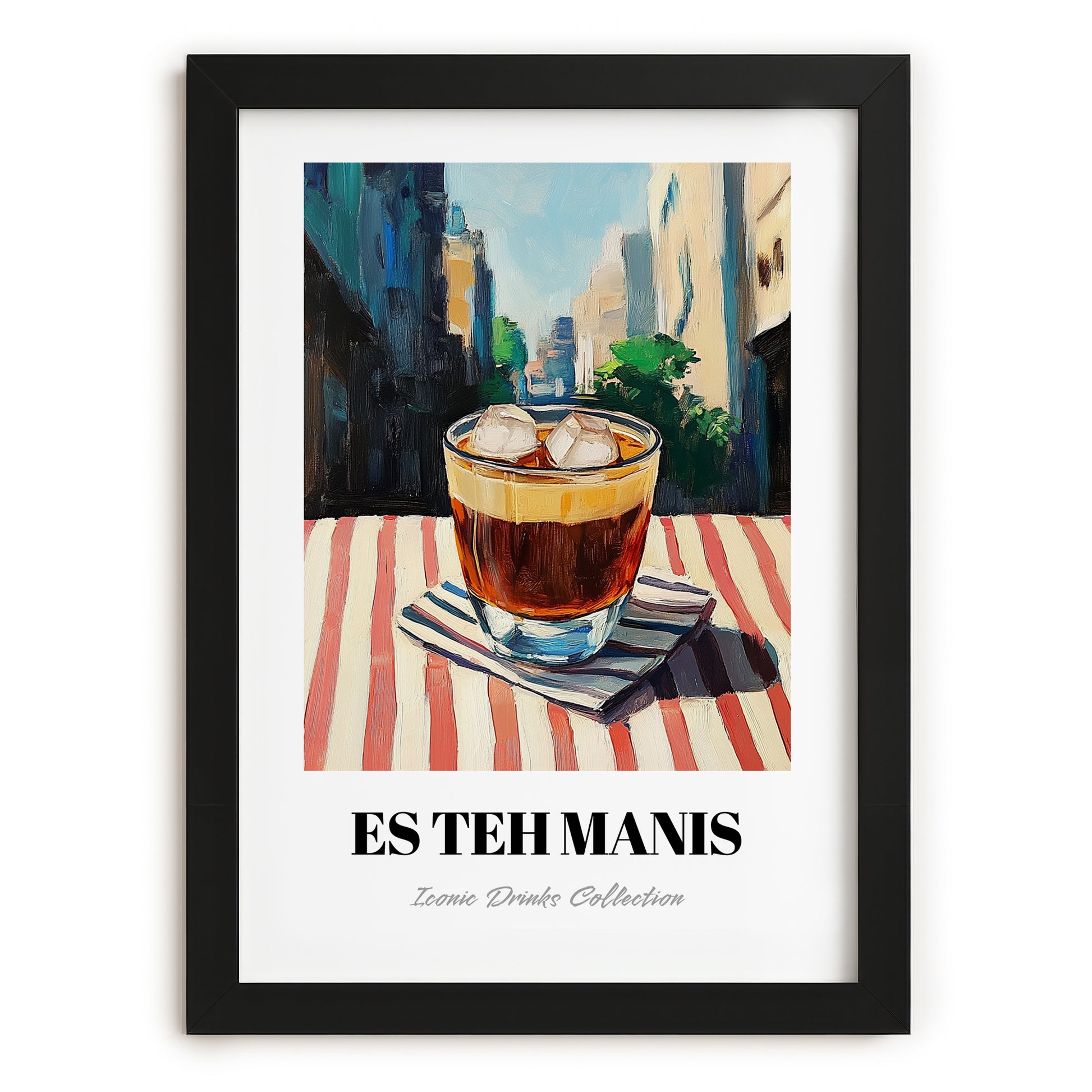 Es Teh Manis – Indonesian Café on the Corner, Indonesian Tea Painting, in sleek black frame