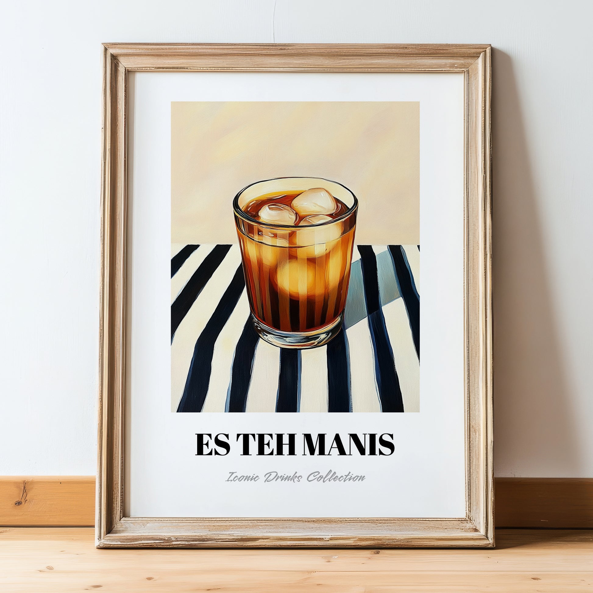 Es Teh Manis – on Striped Tablecloth, Indonesian Cocktail Print, in wooden frame leaning on the floor