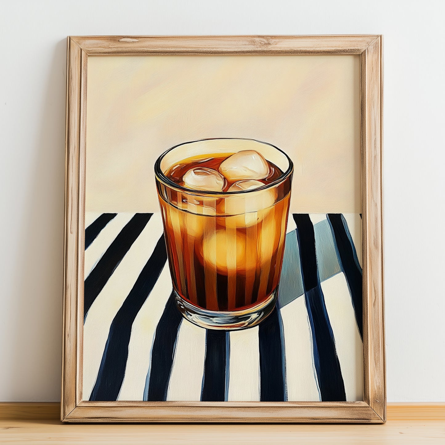 Es Teh Manis – on Striped Tablecloth, Indonesian Cocktail Print, no-text version framed in wood