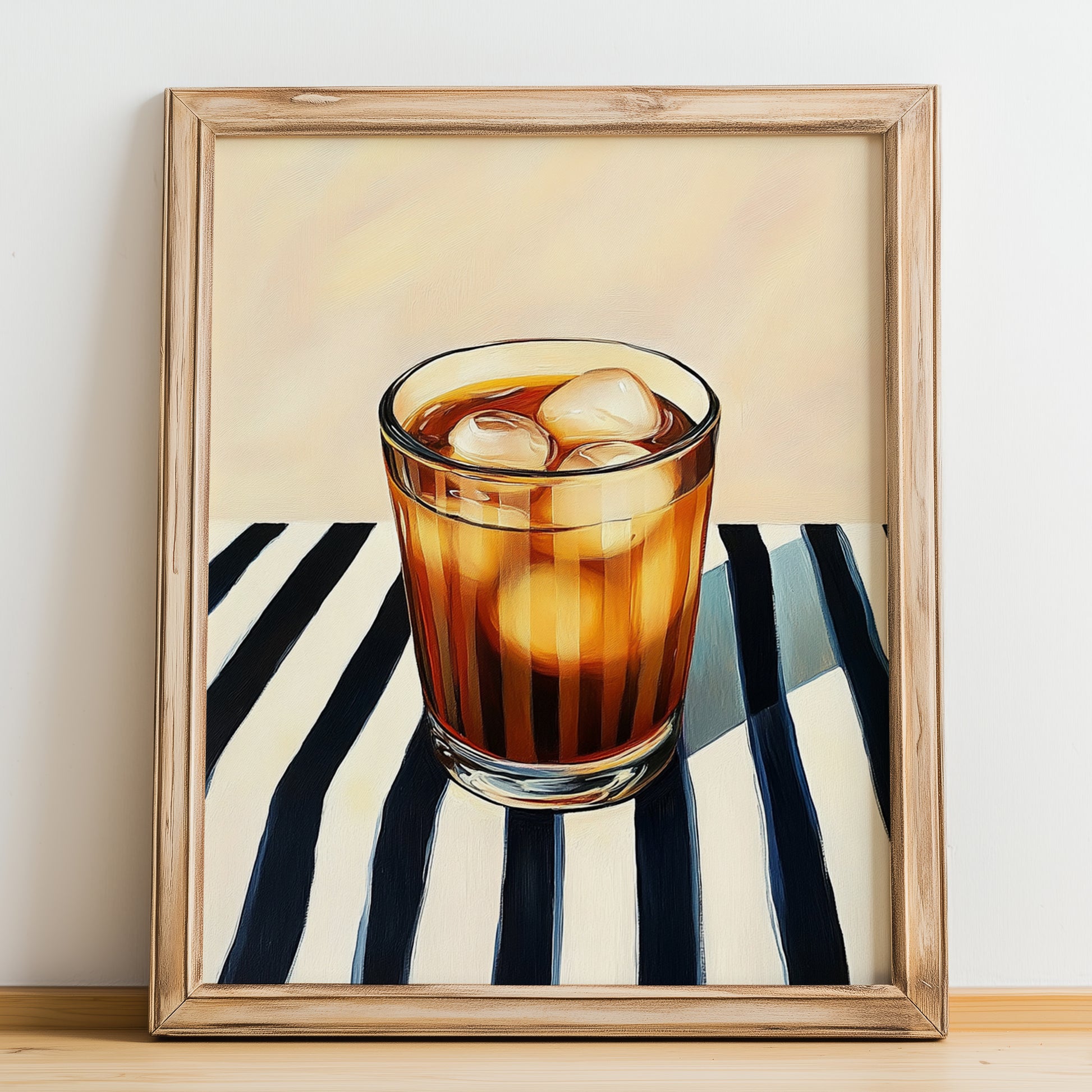 Es Teh Manis – on Striped Tablecloth, Indonesian Cocktail Print, no-text version framed in wood