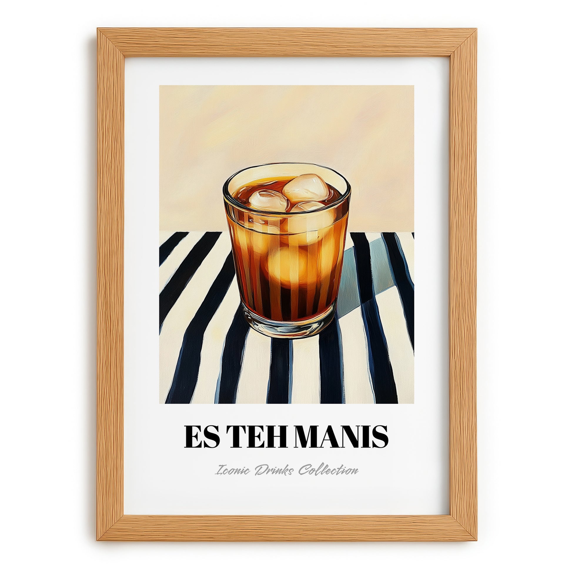 Es Teh Manis – on Striped Tablecloth, Indonesian Cocktail Print, set in oak frame