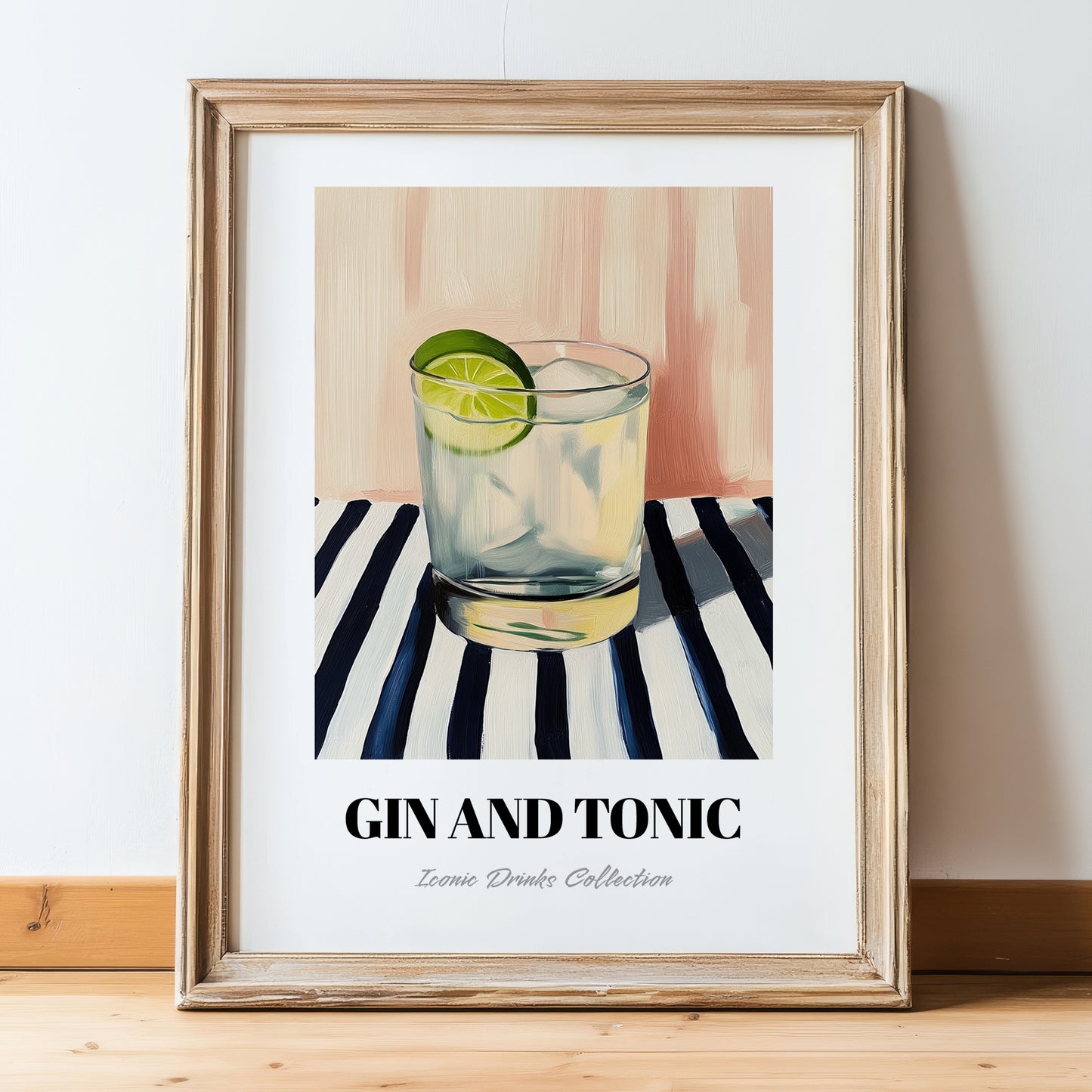 Gin And Tonic – on Striped Tablecloth, English Cocktail Painting, in wooden frame leaning on the floor