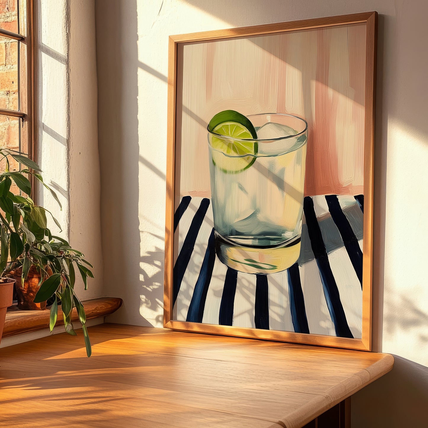Gin And Tonic – on Striped Tablecloth, English Cocktail Painting, clean layout with no caption