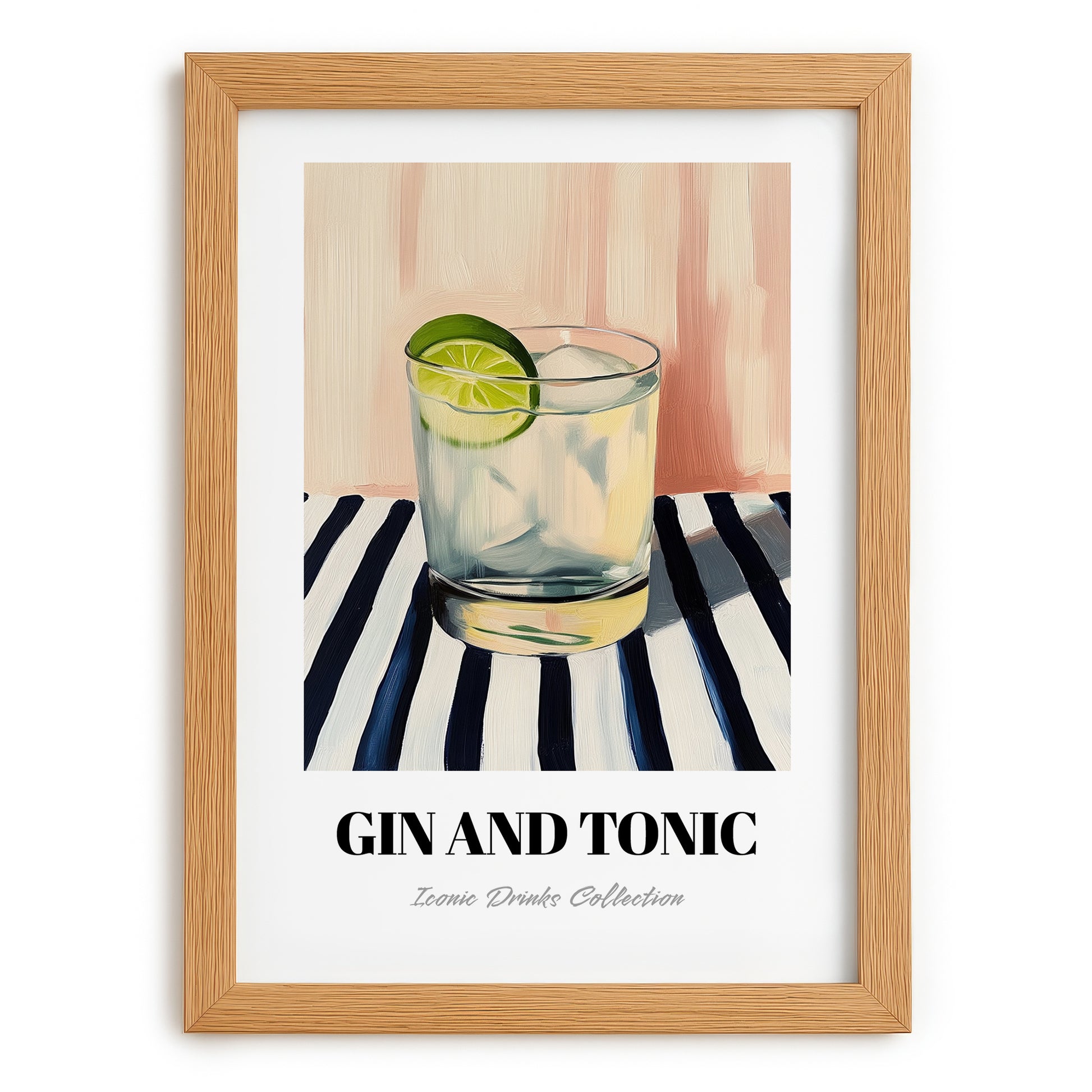 Gin And Tonic – on Striped Tablecloth, English Cocktail Painting, set in oak frame