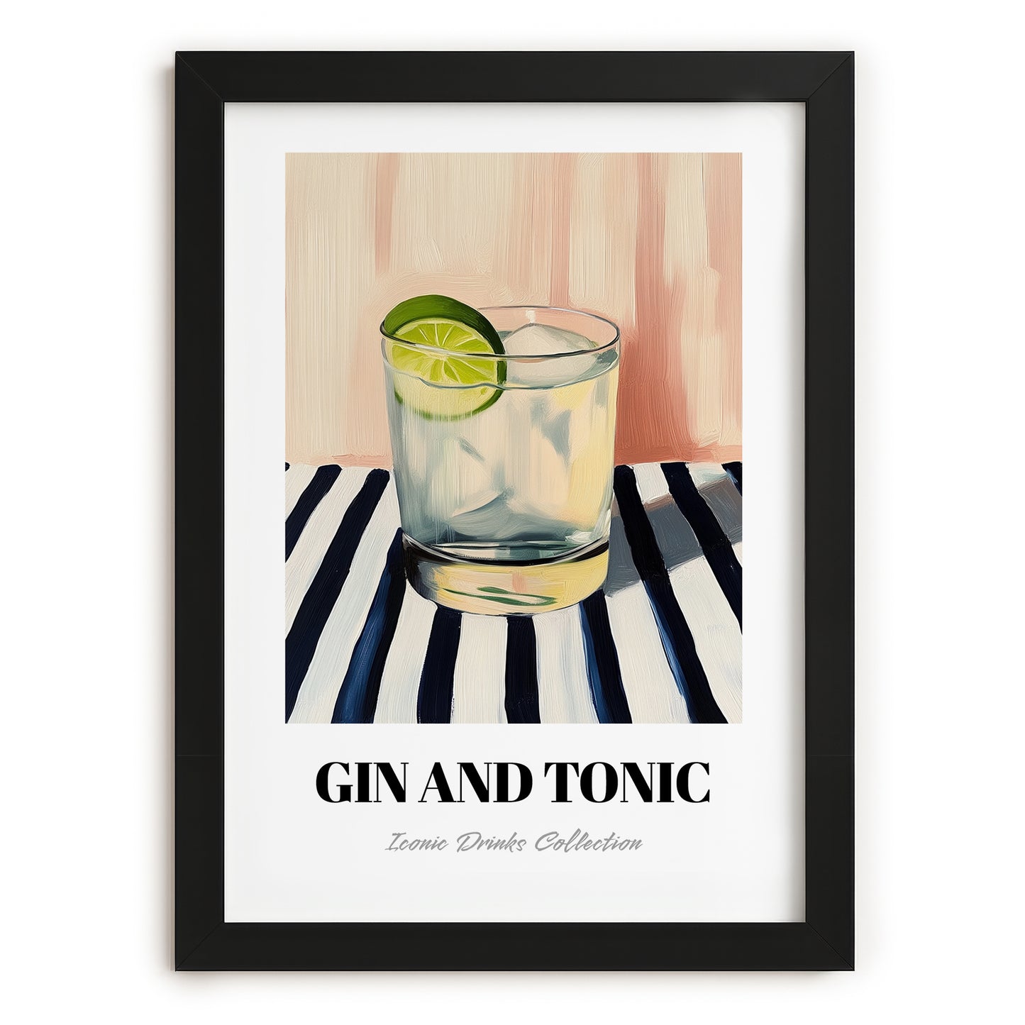 Gin And Tonic – on Striped Tablecloth, English Cocktail Painting, in sleek black frame