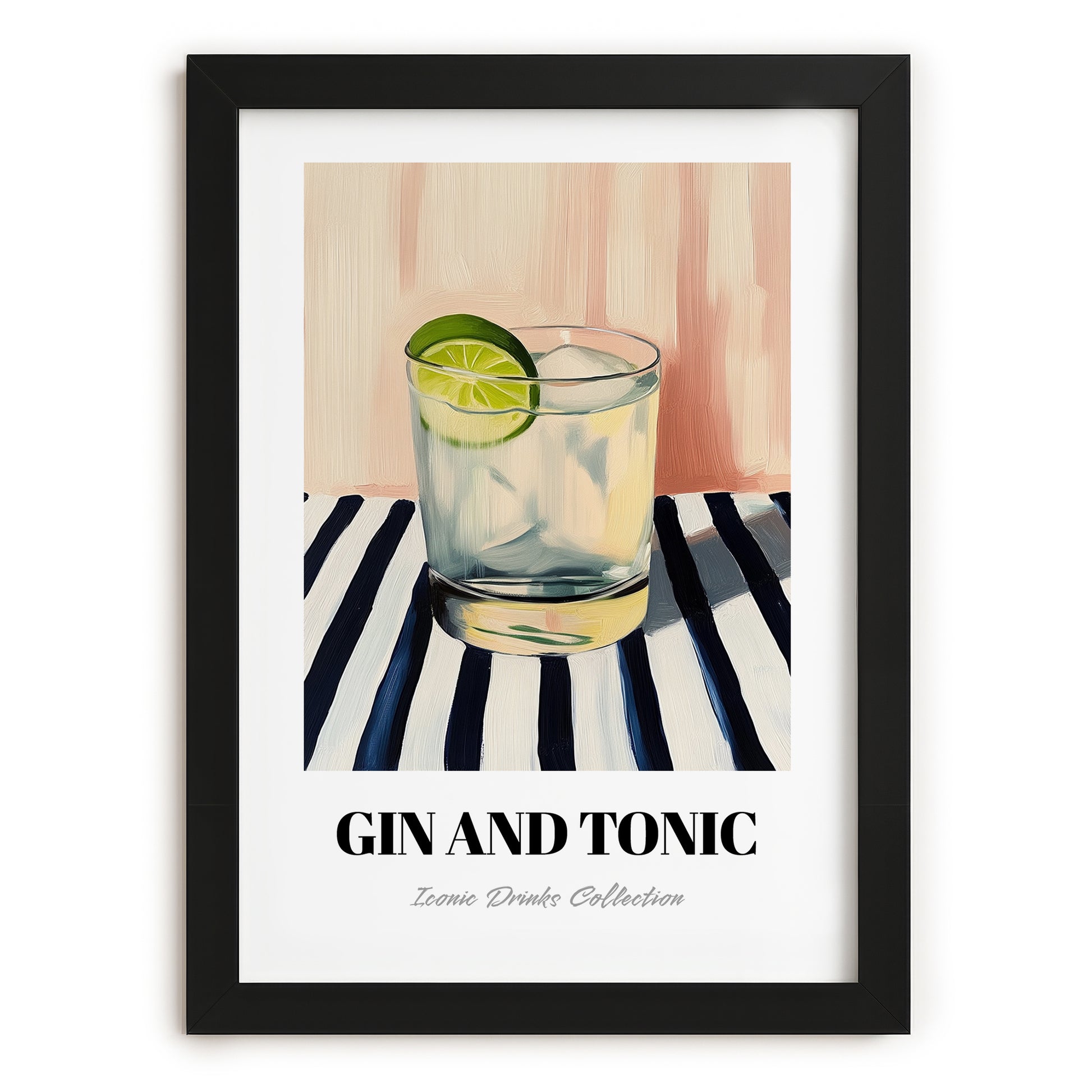 Gin And Tonic – on Striped Tablecloth, English Cocktail Painting, in sleek black frame