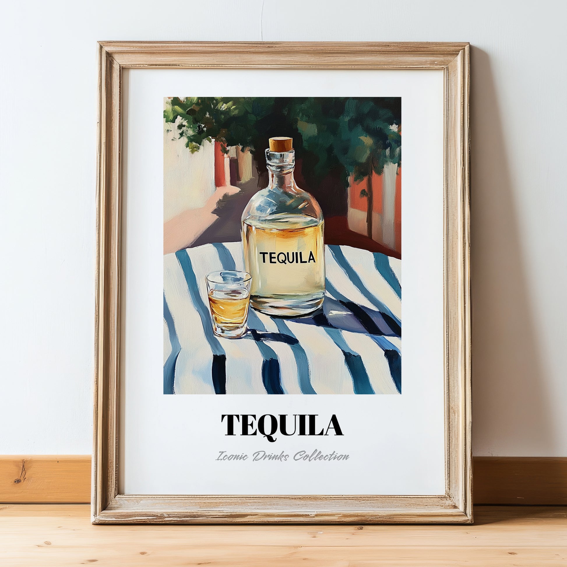 Tequila – Mexican Outdoor Café Scene, Mexican Spirit Poster, in wooden frame leaning on the floor
