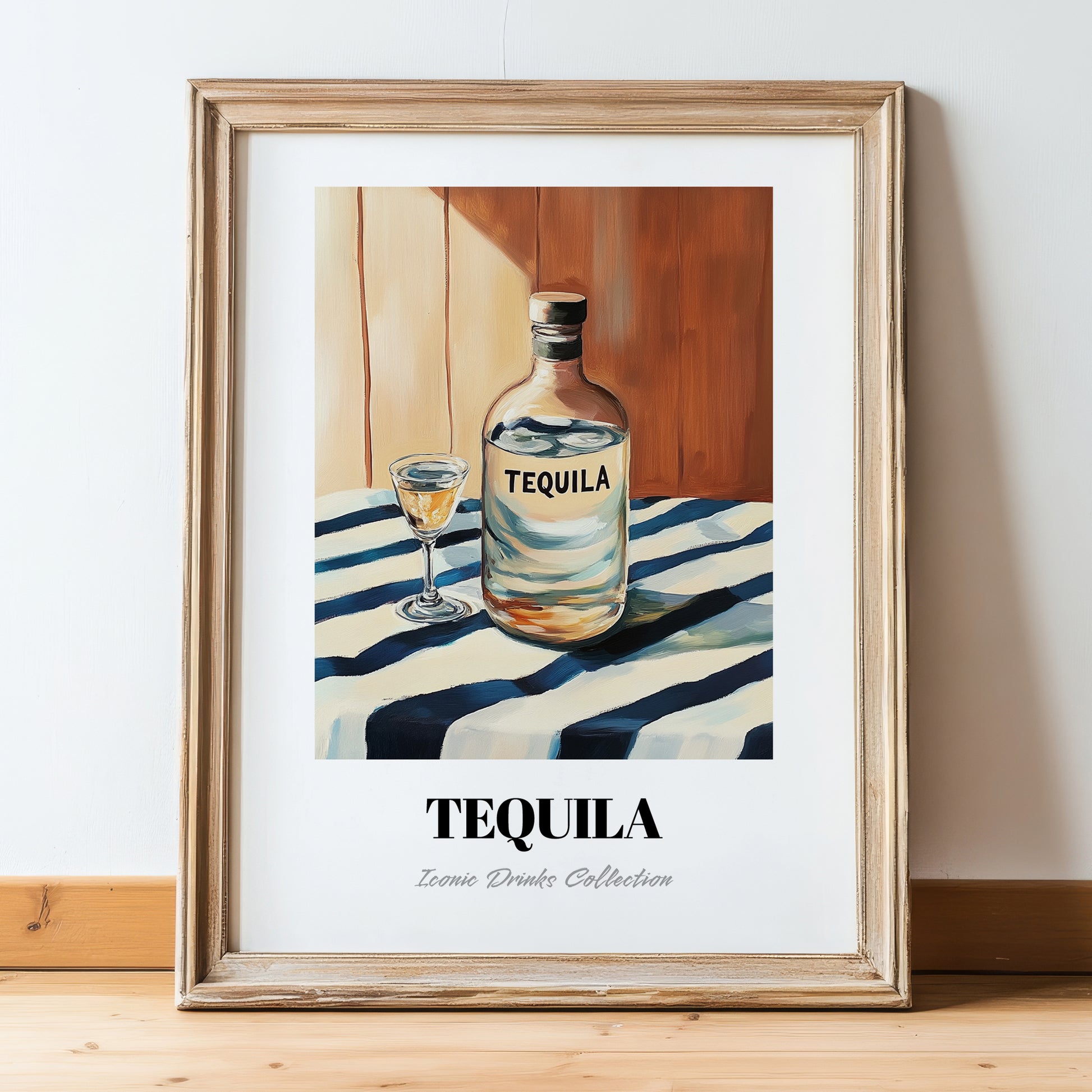 Tequila – on Striped Tablecloth, Mexican Spirit Wall Decor, in wooden frame leaning on the floor