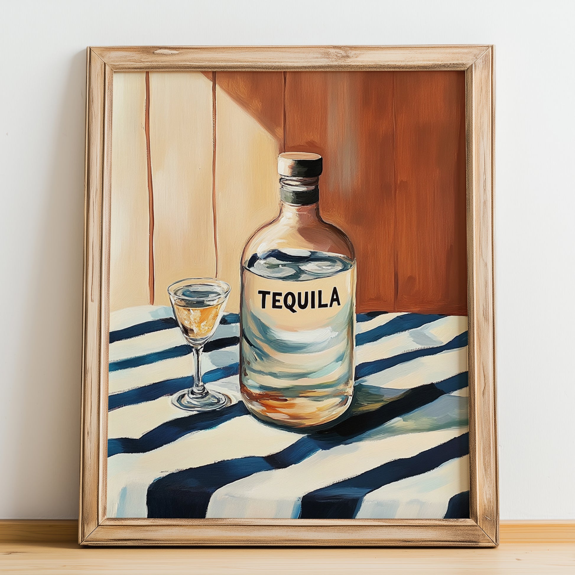Tequila – on Striped Tablecloth, Mexican Spirit Wall Decor, no-text version framed in wood