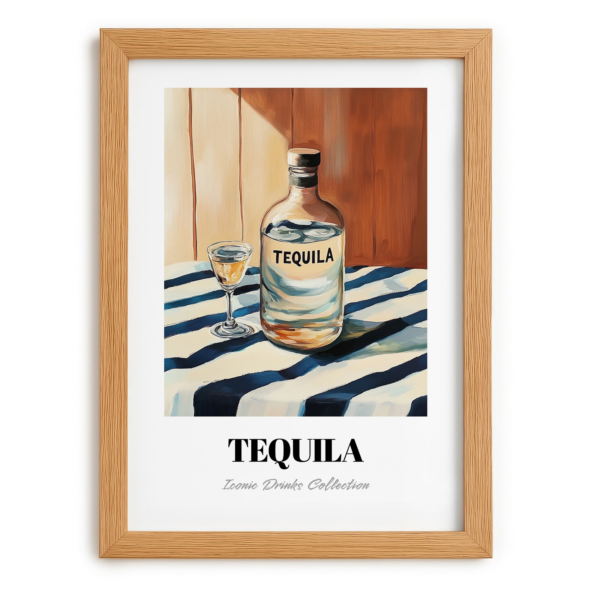 Tequila – on Striped Tablecloth, Mexican Spirit Wall Decor, set in oak frame