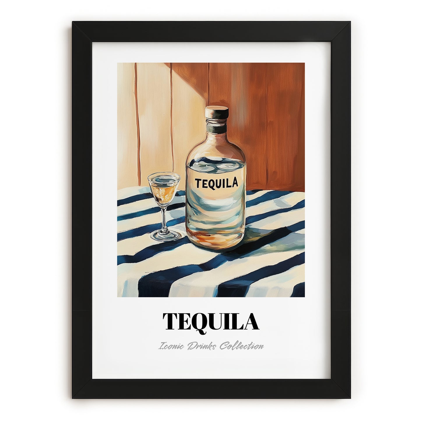Tequila – on Striped Tablecloth, Mexican Spirit Wall Decor, in sleek black frame