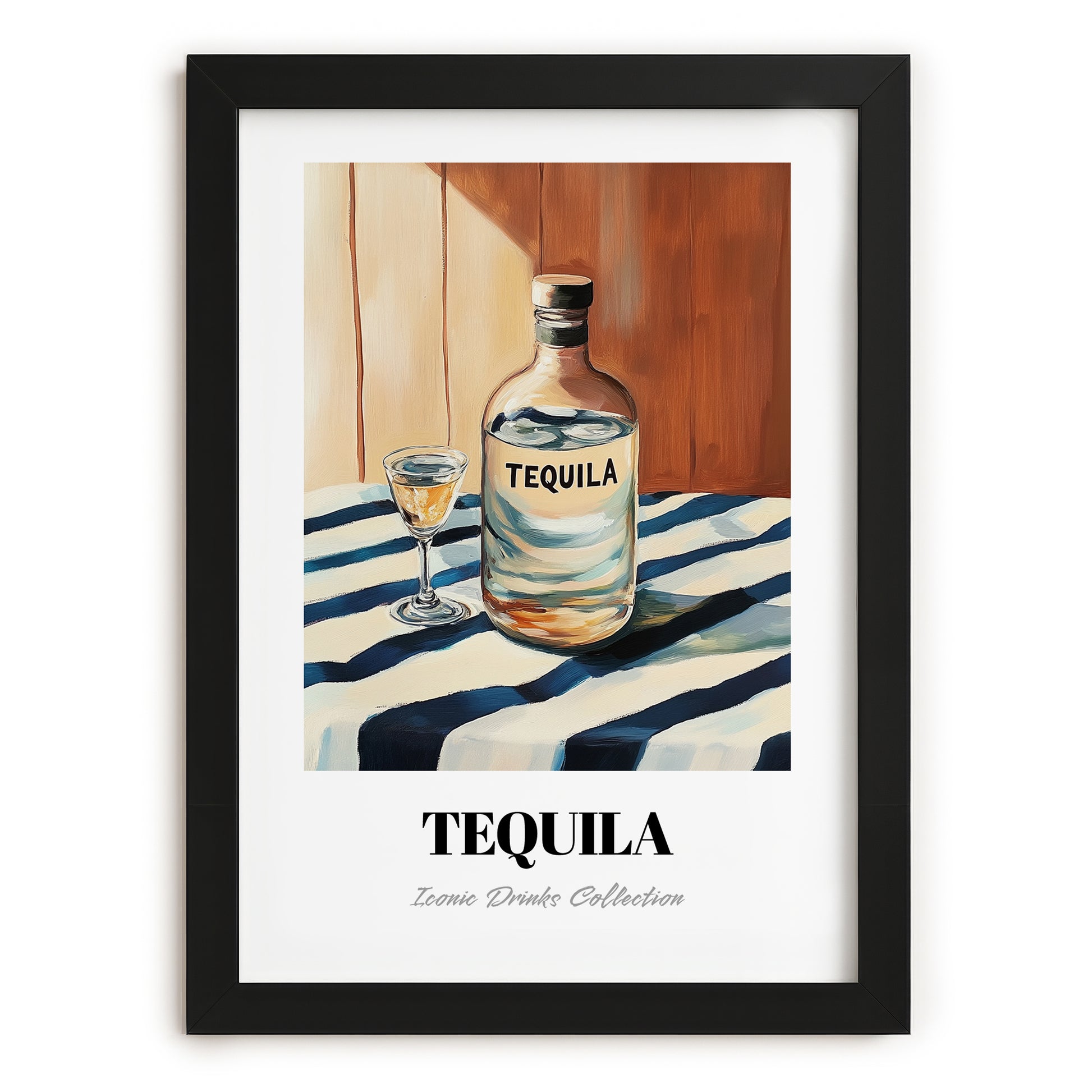 Tequila – on Striped Tablecloth, Mexican Spirit Wall Decor, in sleek black frame