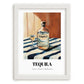 Tequila – on Striped Tablecloth, Mexican Spirit Wall Decor, placed in minimal white frame