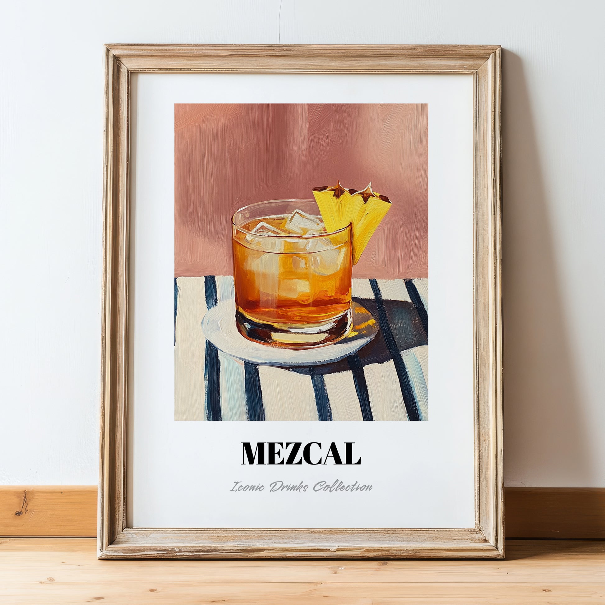 Mezcal – on Striped Tablecloth, Mexican Spirit Wall Poster, in wooden frame leaning on the floor