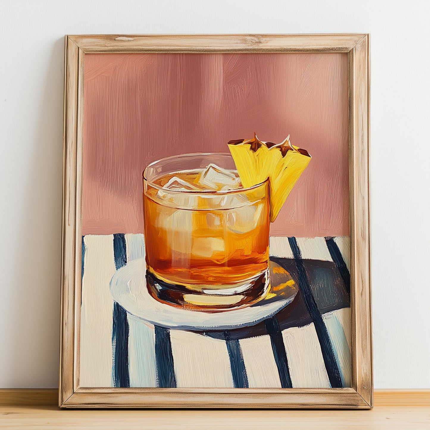 Mezcal – on Striped Tablecloth, Mexican Spirit Wall Poster, no-text version framed in wood