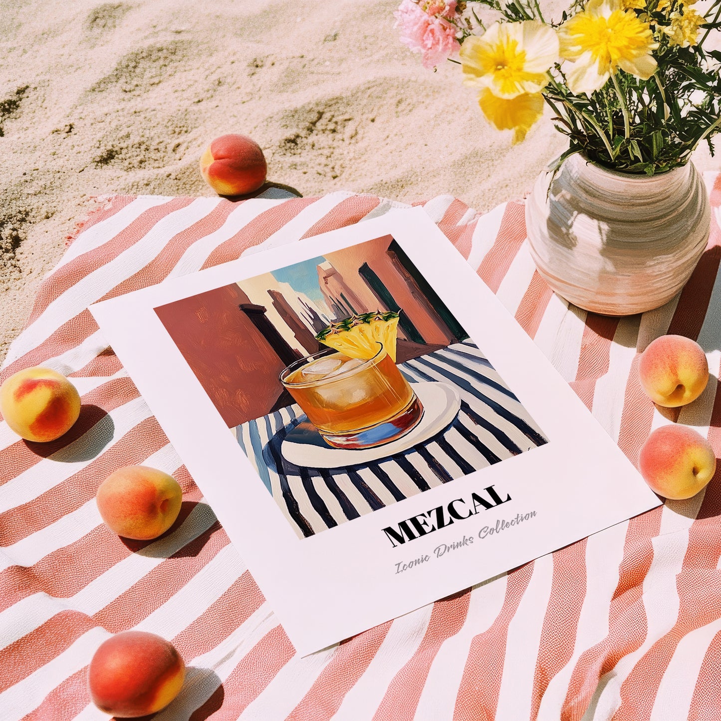 Mezcal – Mexican Café on the Corner, Mexican Cocktail Illustration, unframed on coastal sand