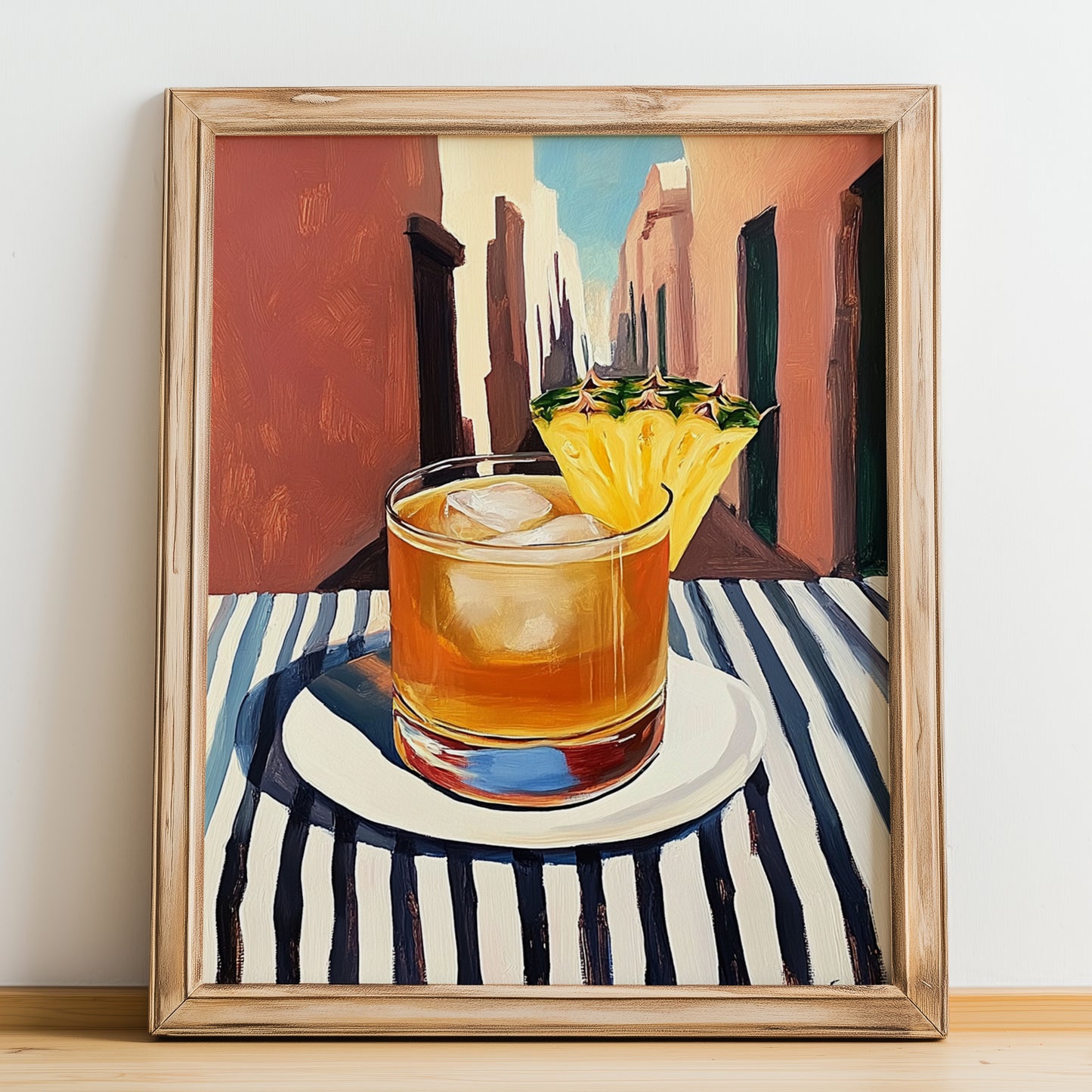 Mezcal – Mexican Café on the Corner, Mexican Cocktail Illustration, no-text version framed in wood