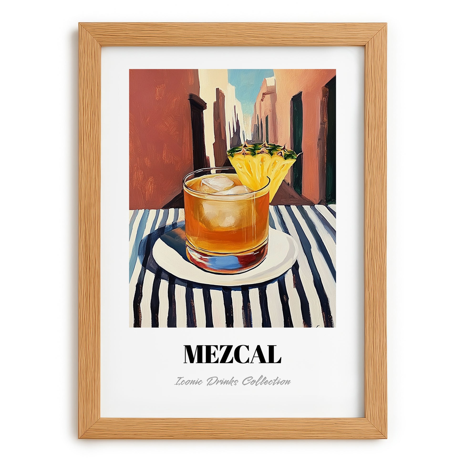 Mezcal – Mexican Café on the Corner, Mexican Cocktail Illustration, set in oak frame