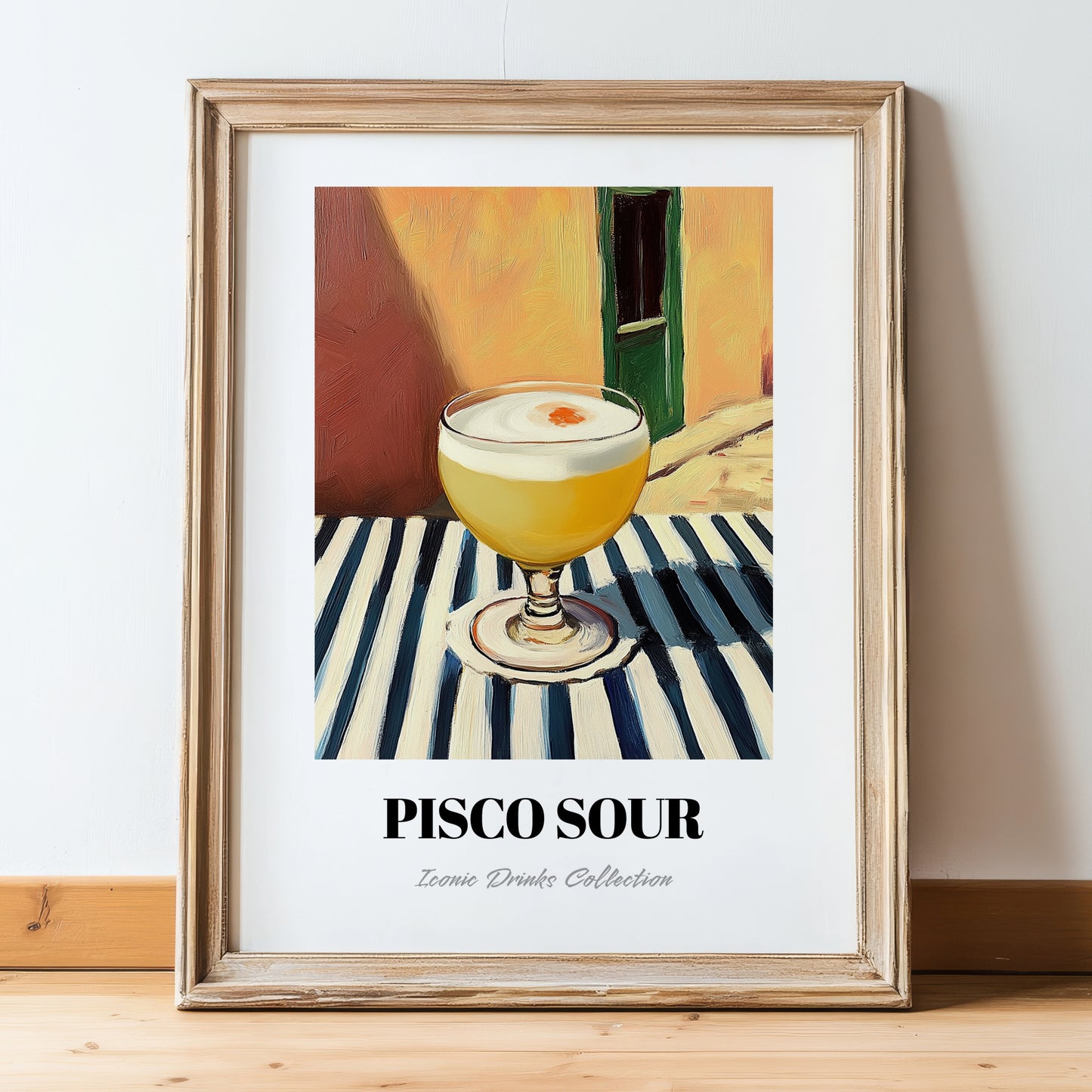 Pisco Sour – on Striped Tablecloth, Peruvian Cocktail Painting, in wooden frame leaning on the floor