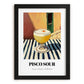 Pisco Sour – on Striped Tablecloth, Peruvian Cocktail Painting, in sleek black frame