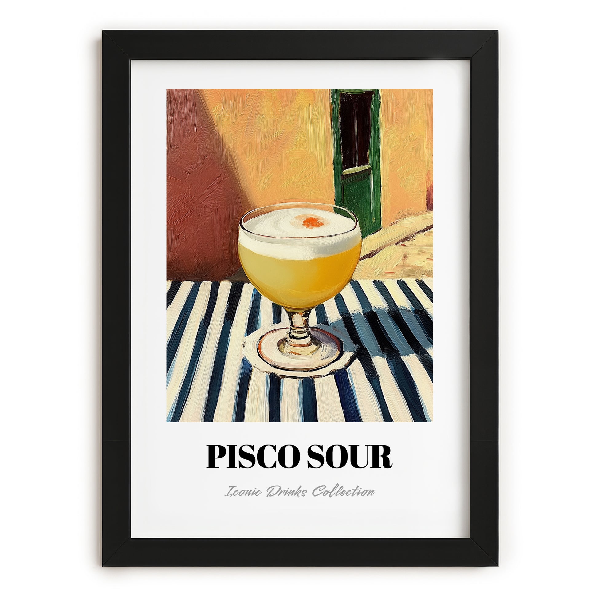 Pisco Sour – on Striped Tablecloth, Peruvian Cocktail Painting, in sleek black frame
