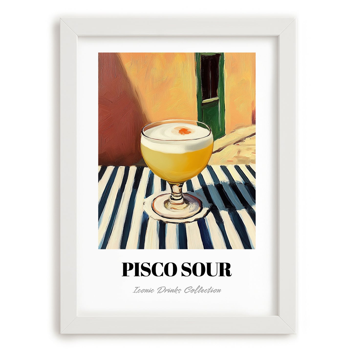 Pisco Sour – on Striped Tablecloth, Peruvian Cocktail Painting, placed in minimal white frame
