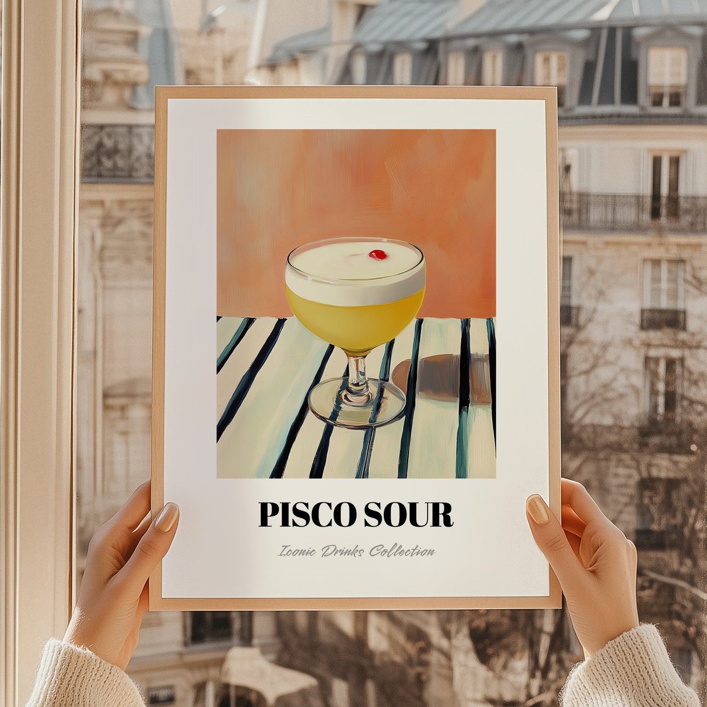 Pisco Sour – on Striped Tablecloth, Peruvian Spirit Wall Print, styled in a charming Paris street view