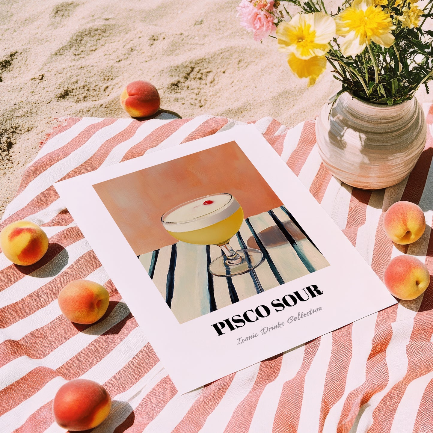 Pisco Sour – on Striped Tablecloth, Peruvian Spirit Wall Print, unframed on coastal sand