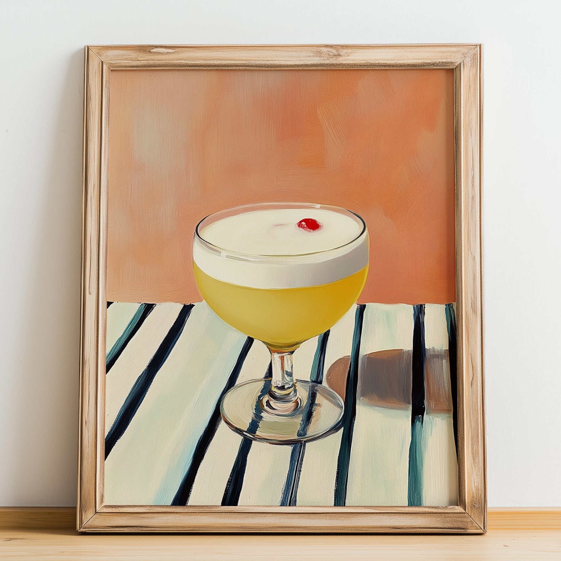 Pisco Sour – on Striped Tablecloth, Peruvian Spirit Wall Print, no-text version framed in wood