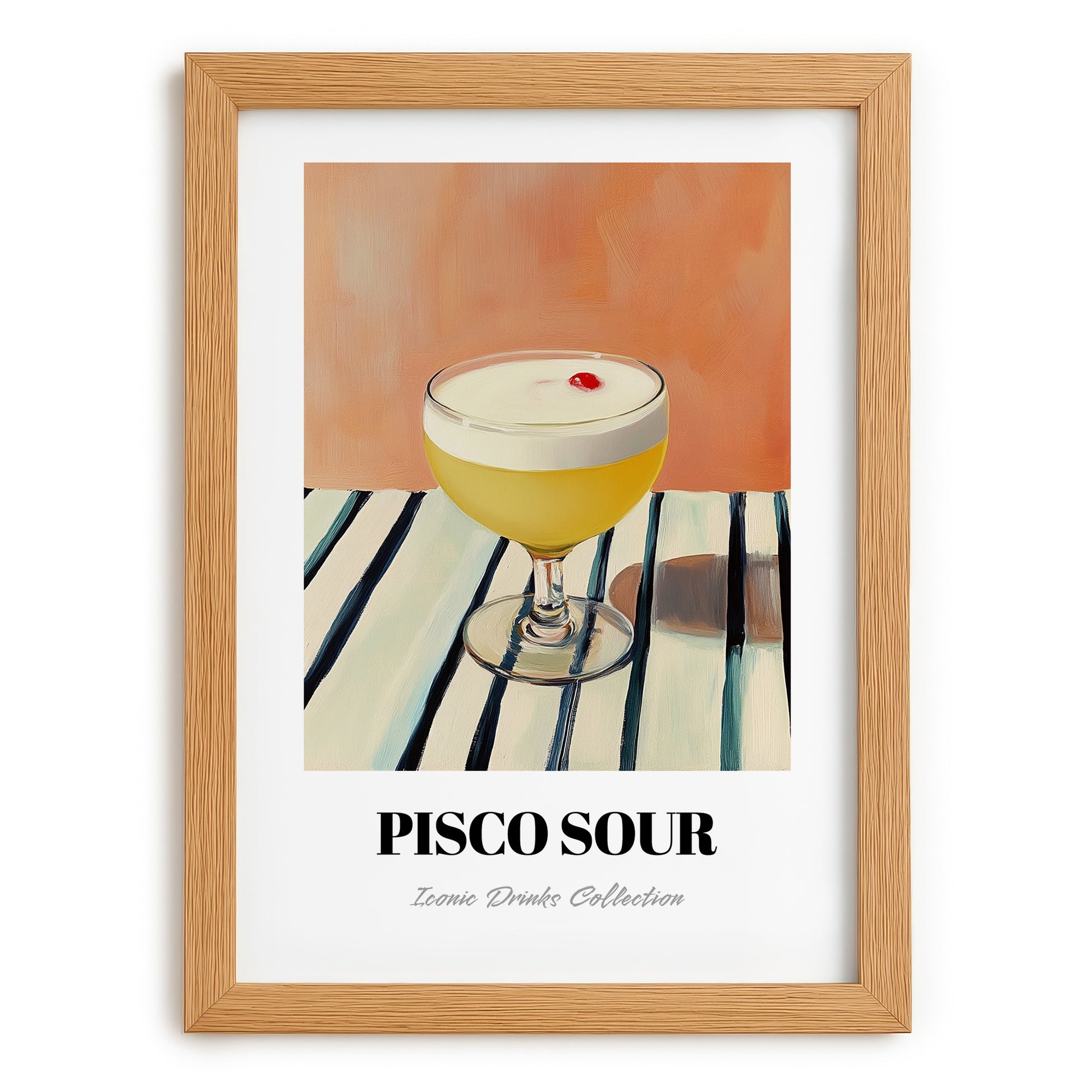 Pisco Sour – on Striped Tablecloth, Peruvian Spirit Wall Print, set in oak frame